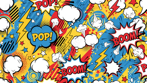 Seamless pattern with comic book elements, speech bubbles, sound effects like pop and boom, and lightning bolts on a colorful background