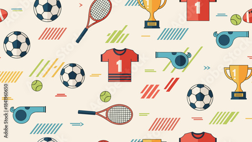 Seamless pattern with sports equipment icons soccer balls, tennis rackets, trophies, whistles, and jerseys on light background
