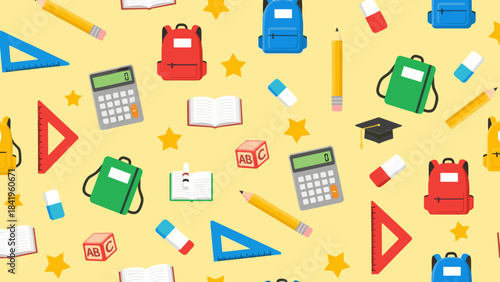 Seamless pattern with school supplies, stationery, and educational items for back to school concept