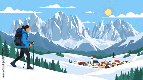 A determined hiker with trekking poles navigates a pristine winter landscape, heading toward a charming alpine village nestled beneath a breathtaking backdrop of jagged, sunlit mountain peaks