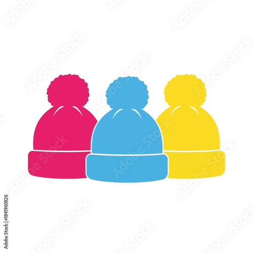 Brightly Colored Knit Beanies with Pom-Poms in Pink Blue and Yellow on a White Background