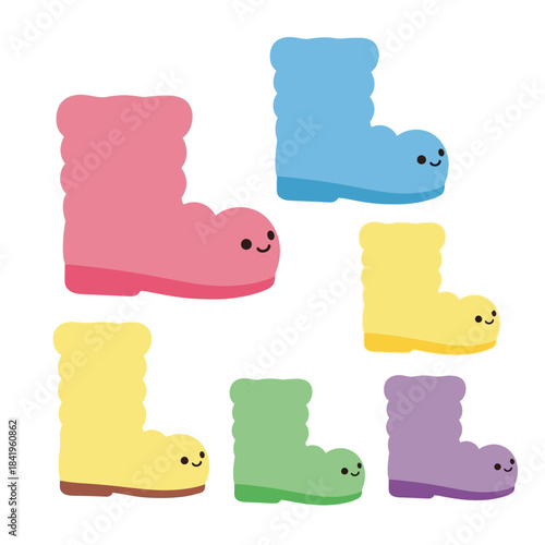 Colorful cartoon rubber boots with smiling faces in pink yellow green purple and blue for children