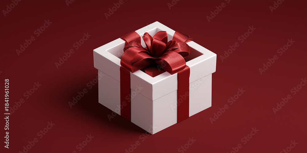 Obraz premium White gift box with vibrant red ribbon sits elegantly on matching red background, creating festive and inviting atmosphere
