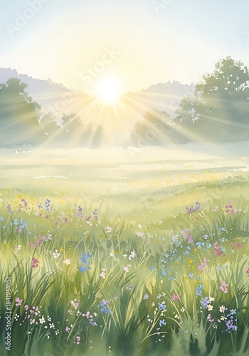 Watercolor sunrise meadow with vibrant flowers and sun rays shining through