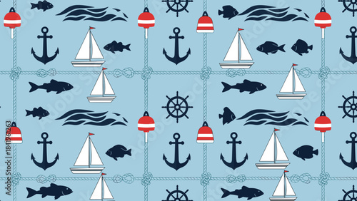 Nautical seamless pattern with sailboats, anchors, fish, buoys, and ship wheels on blue background