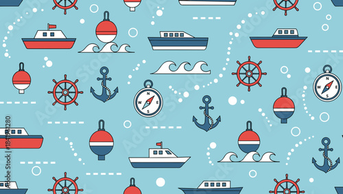 Seamless nautical pattern with boats, anchors, ship wheels, compasses, and buoys on light blue background