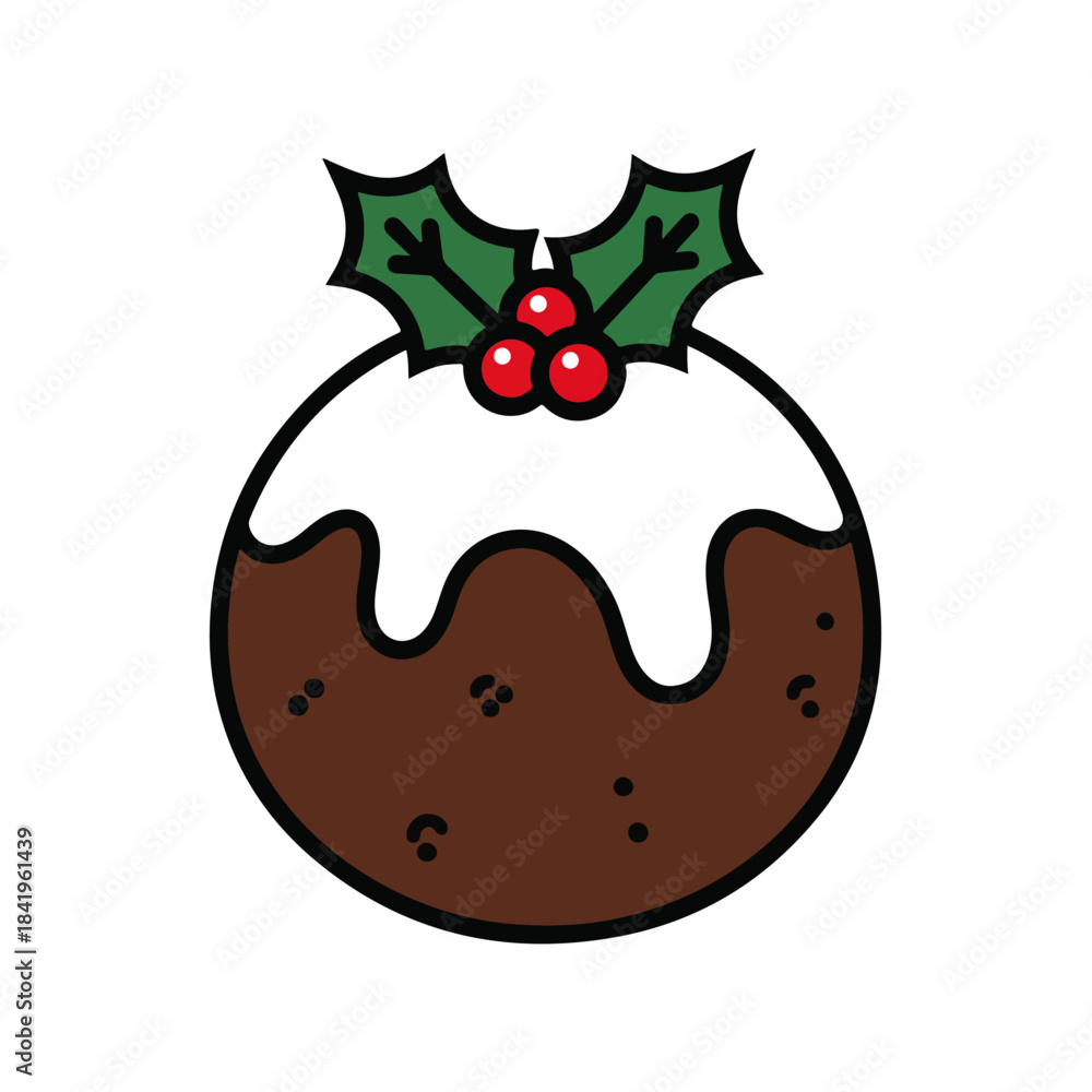 Fototapeta premium Festive Christmas Pudding with Holly and Berries Illustration