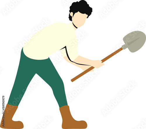 Man with a shovel, ready for digging or gardening work, flat vector illustration