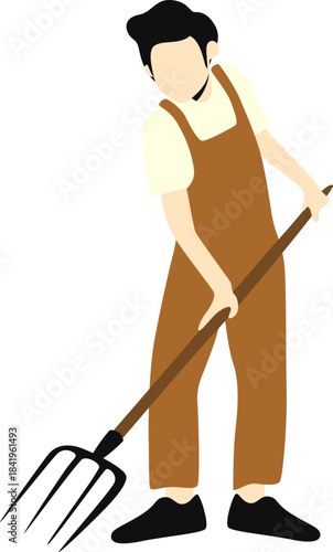 Minimalist vector illustration of a farmer or gardener holding a pitchfork, depicting agricultural work or gardening tasks with a simple flat design.