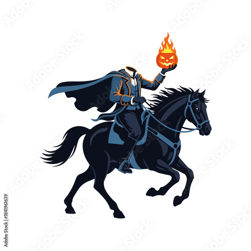 Headless Horseman with Pumpkin, Halloween Horseback Riding, Isolated