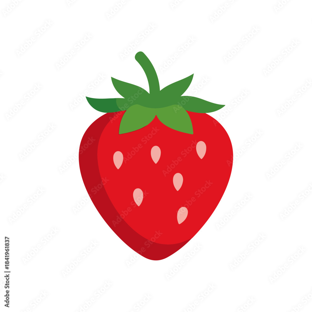 Fototapeta premium Simple, Stylized Strawberry with Green Stem and Seeds