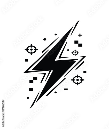 Logo Dinámico para Gaming: Rayo Negro con Elementos de Juego - Concepto de Energía y Poder