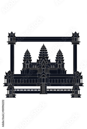 Angkor Wat Silhouette - Khmer Temple Complex Symmetrical Vector Art