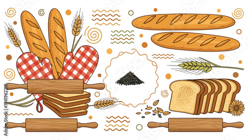 Collection of bakery items baguettes, sliced bread, rolling pins, wheat stalks, and seeds illustration