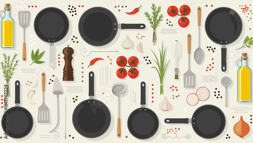 Top view collection of cooking pans, spatulas, spices, herbs, and vegetables on a light background