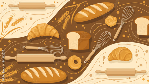 Assortment of baked goods and baking tools in warm brown tones