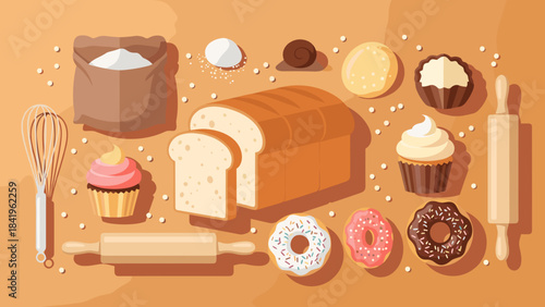 Assortment of bakery products and baking tools, including bread, cupcakes, donuts, flour sack, and rolling pins