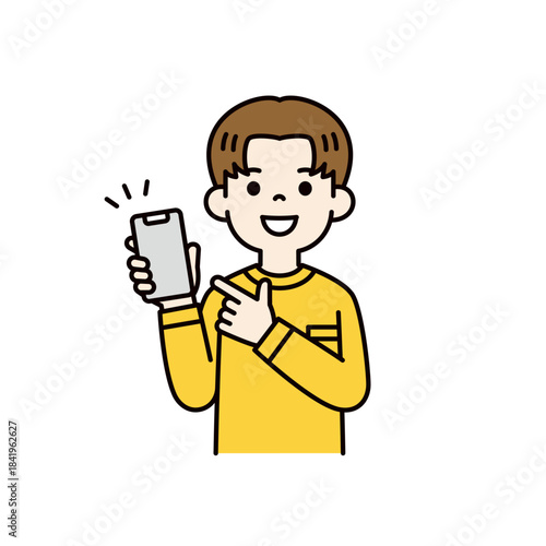スマートフォンの画面を指差す、若い男性・男子学生の上半身ベクターイラスト素材＿カラー