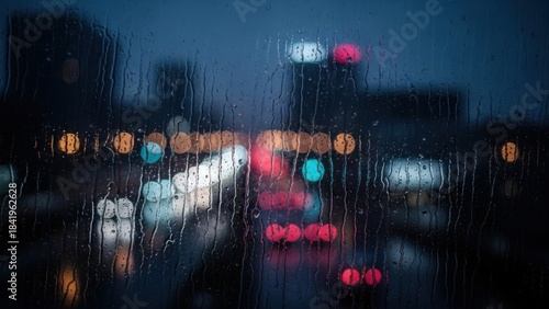 City lights blurred by rain on a window, creating an abstract urban scene.