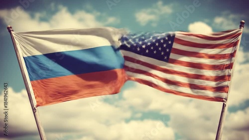 Flags of Russia and USA wave gently against a cloudy blue sky