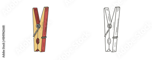 Cartoon clothespin side by side colorful and black and white line art vector illustration of a laundry peg for hanging clothes on a clothesline