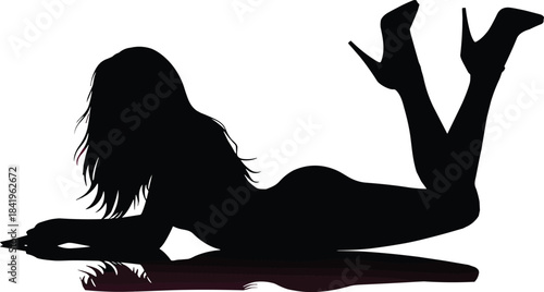 Sexy Woman Silhouette Lying Down in a Sensual Pin-Up Pose, Wearing High Heel Shoes with Long Hair Flowing, Adult Vector Illustration of Feminine Beauty and Glamour, Studio Graphic.