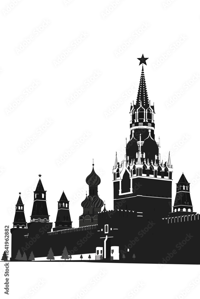 Fototapeta premium Moscow Kremlin Silhouette with Spasskaya Tower - Russian Landmark Vector