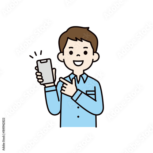 スマートフォンの画面を指差す、若い男性・ビジネスマンの上半身ベクターイラスト素材＿カラー