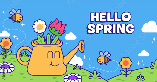 Background cheerful spring scene featuring a smiling watering can filled with flowers, buzzing bees, and a bright blue sky. Colorful, cute, and perfect for seasonal or nature-themed designs