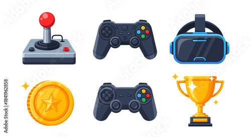 Collection of gaming icons joystick, gamepads, vr headset, coin, and trophy