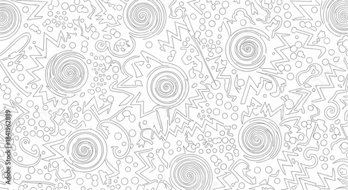 Abstract doodle pattern with swirls and zigzags in grayscale sketch style