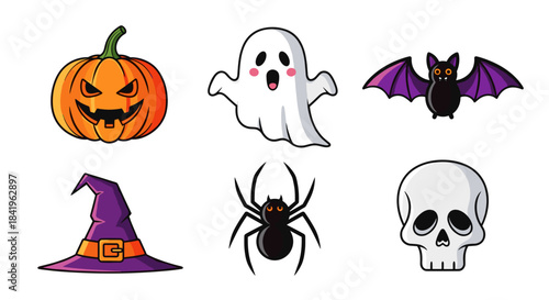 Set of cute halloween icons jack o lantern, ghost, bat, witch hat, spider, and skull
