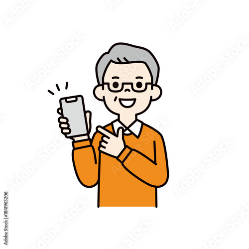 スマートフォンの画面を指差す、中高年の男性・おじいさんの上半身ベクターイラスト素材＿カラー