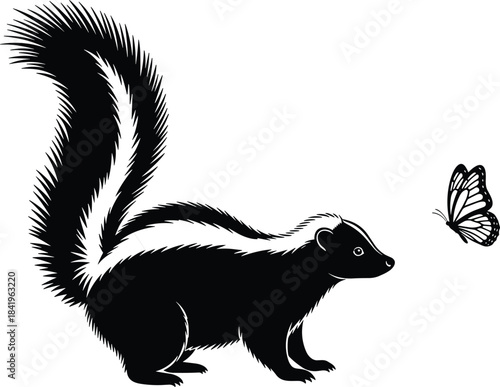 Striped skunk and monarch butterfly black engraving illustration vector art, detailed wild animal encountering insect, woodland fauna nature scene, vintage ink drawing style for design.