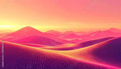 Vibrant surreal desert landscape with glowing dunes and colorful sunset horizon