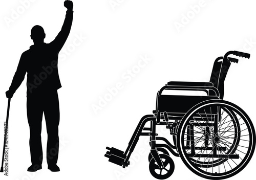 Strong man with a walking cane raising his fist in triumph next to an empty wheelchair, black vector silhouette illustrating overcoming disability, victory, freedom, and health success concept.