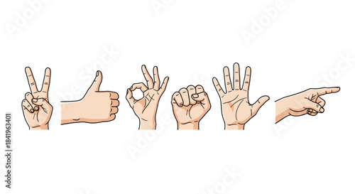 Set of six hand gestures forming letters v, thumb up, ok, fist, open hand, pointing finger