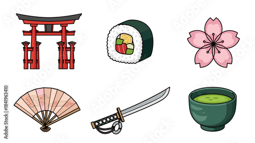 Collection of japanese cultural icons torii gate, sushi, cherry blossom, fan, katana, and matcha tea