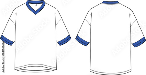 Technical CAD Drawing Flat Vector Illustration of Oversized V-Neck T-Shirt Template, Short Sleeves Wide Cut Casual Apparel Design, Front and Back View Mockup, Garment Specification.