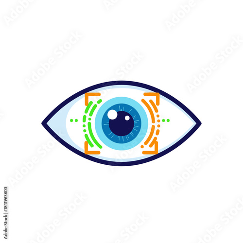 Stylized blue eye icon with a biometric iris scan and orange recognition frame.