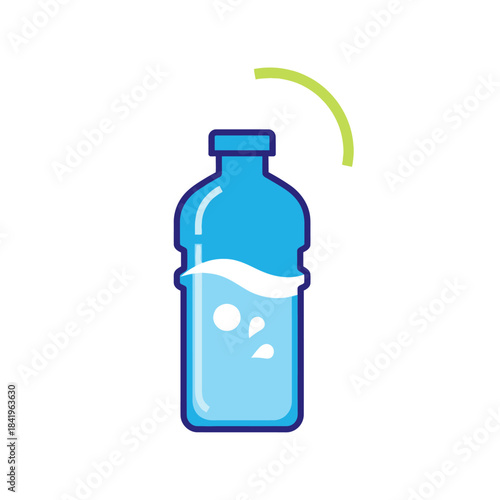 Stylized blue plastic water bottle illustration with a wavy water line and bubbles.