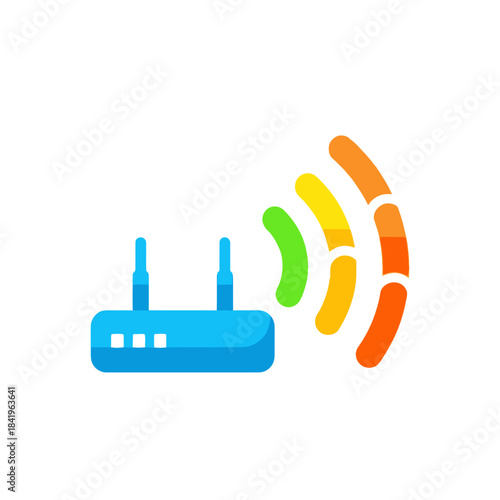 Stylized blue Wi-Fi router icon with two antennas emitting vibrant green, yellow, orange signal waves.