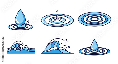 Stylized blue water elements set - falling drops, concentric ripples, and dynamic ocean waves with white foam.