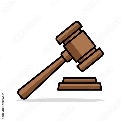Stylized brown wooden gavel and sound block illustration, legal instrument, justice symbol.