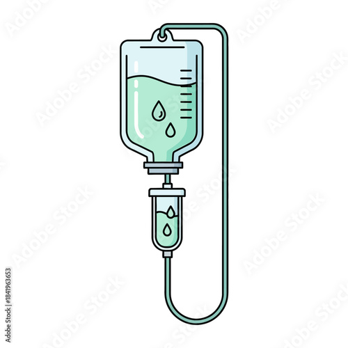 Stylized cartoon illustration of a medical IV drip bag with green fluid and falling drops.