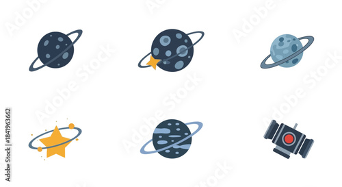 Stylized Cartoon Planets with Rings and a Space Satellite Icon Set.