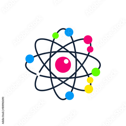 Stylized colorful atom model with orbiting electrons, vibrant scientific illustration.