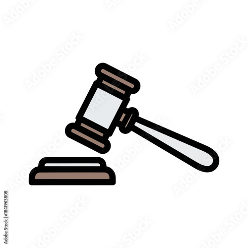 Stylized judges gavel and sounding block icon with bold black outlines, tilted in motion.