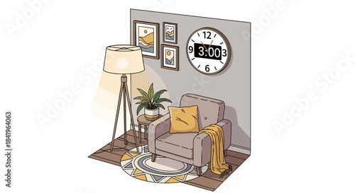 Cozy living room corner with armchair, floor lamp, wall clock, and potted plant illustration