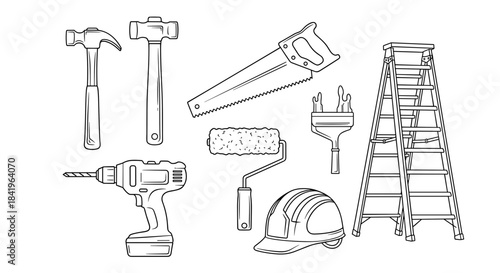 Collection of hand tools and safety equipment line art hammer, saw, drill, paint roller, brush, ladder, and hard hat